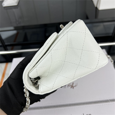 cha.nel S*per mini classic flap bag grained calfskin silver tone metal white 01115