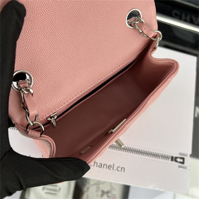 cha.nel S*per mini classic flap bag grained calfskin silver tone metal pink 01115