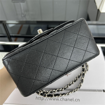 cha.nel S*per mini classic flap bag grained calfskin silver tone metal black 01115