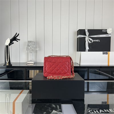 cha.nel S*per mini classic flap bag grained calfskin gold tone metal red 01115