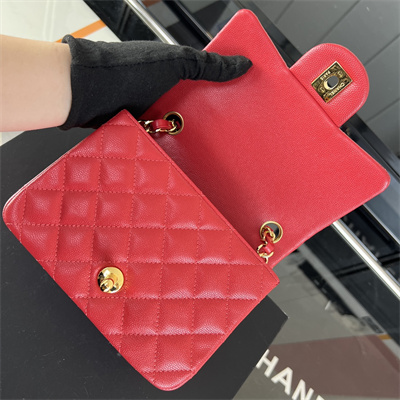 cha.nel S*per mini classic flap bag grained calfskin gold tone metal red 01115