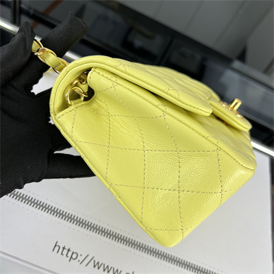 cha.nel S*per mini classic flap bag grained calfskin gold tone metal yellow 01115