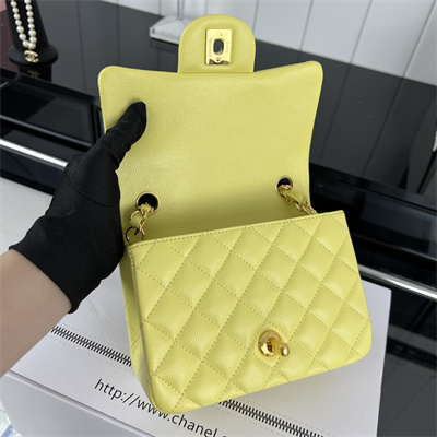 cha.nel S*per mini classic flap bag grained calfskin gold tone metal yellow 01115