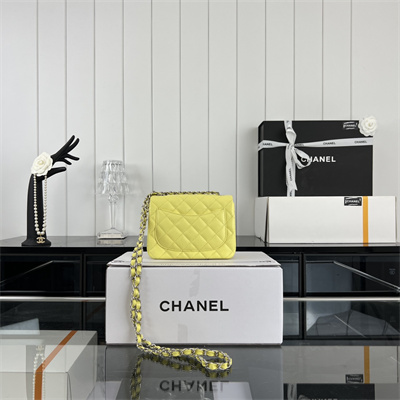 cha.nel S*per mini classic flap bag grained calfskin silver tone metal yellow 01115