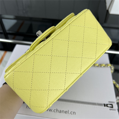 cha.nel S*per mini classic flap bag grained calfskin silver tone metal yellow 01115