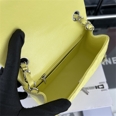 cha.nel S*per mini classic flap bag grained calfskin silver tone metal yellow 01115