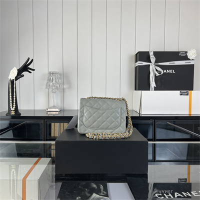 cha.nel S*per mini classic flap bag grained calfskin gold tone metal grey 01115