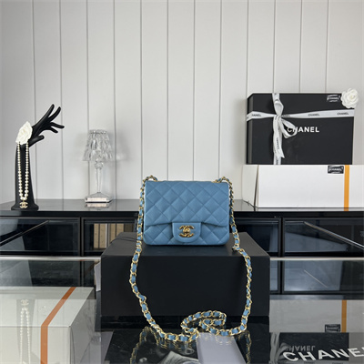 cha.nel S*per mini classic flap bag grained calfskin gold tone metal blue 01115