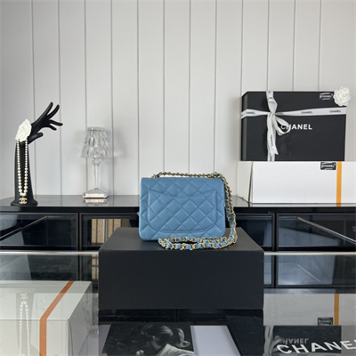 cha.nel S*per mini classic flap bag grained calfskin gold tone metal blue 01115