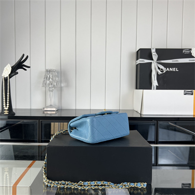 cha.nel S*per mini classic flap bag grained calfskin gold tone metal blue 01115