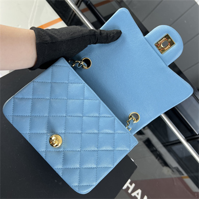 cha.nel S*per mini classic flap bag grained calfskin gold tone metal blue 01115