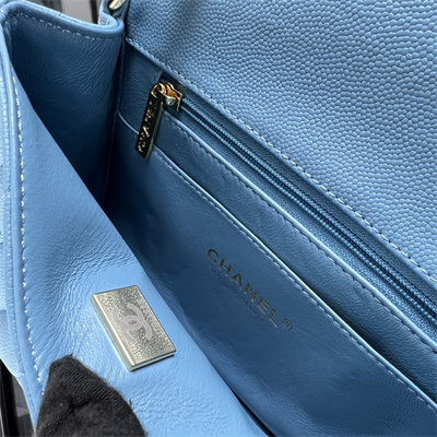 cha.nel S*per mini classic flap bag grained calfskin gold tone metal blue 01115