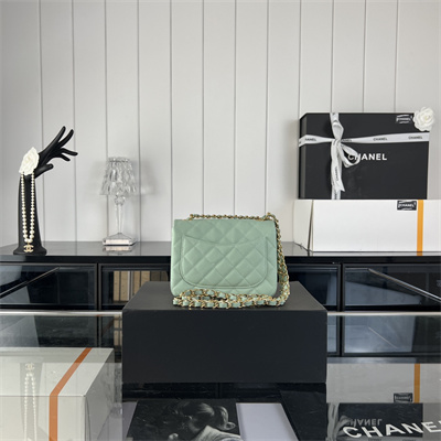 cha.nel S*per mini classic flap bag grained calfskin gold tone metal lt green 01115