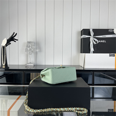 cha.nel S*per mini classic flap bag grained calfskin gold tone metal lt green 01115
