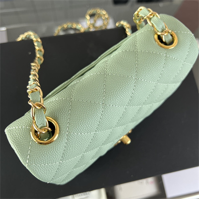 cha.nel S*per mini classic flap bag grained calfskin gold tone metal lt green 01115