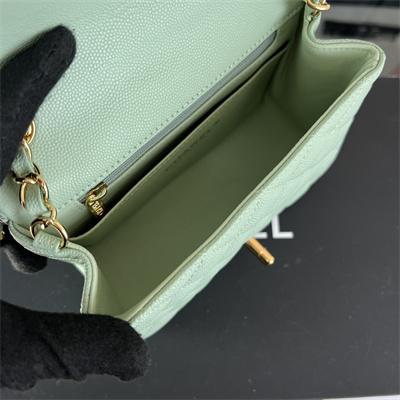 cha.nel S*per mini classic flap bag grained calfskin gold tone metal lt green 01115