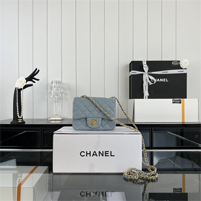 cha.nel S*per mini classic flap bag grained calfskin gold tone metal lt blue 01115