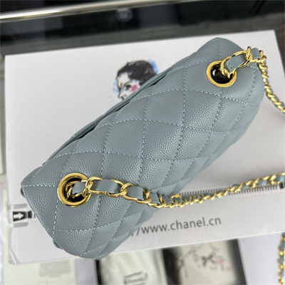 cha.nel S*per mini classic flap bag grained calfskin gold tone metal lt blue 01115
