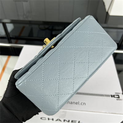 cha.nel S*per mini classic flap bag grained calfskin gold tone metal lt blue 01115