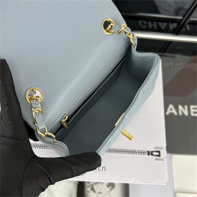 cha.nel S*per mini classic flap bag grained calfskin gold tone metal lt blue 01115