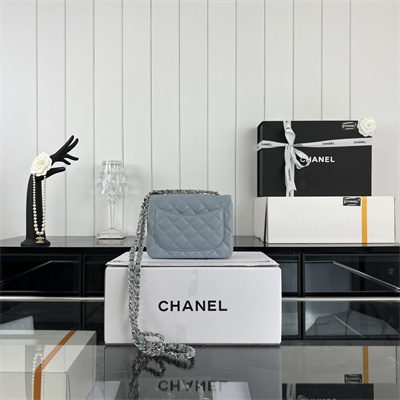 cha.nel S*per mini classic flap bag grained calfskin silver tone metal lt blue 01115