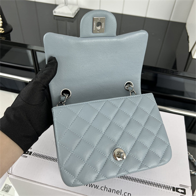 cha.nel S*per mini classic flap bag grained calfskin silver tone metal lt blue 01115