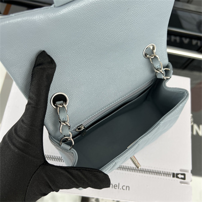 cha.nel S*per mini classic flap bag grained calfskin silver tone metal lt blue 01115