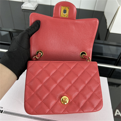 cha.nel S*per mini classic flap bag grained calfskin gold tone metal red 01115