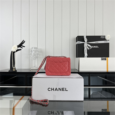 cha.nel S*per mini classic flap bag grained calfskin silver tone metal red 01115