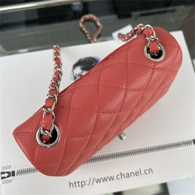 cha.nel S*per mini classic flap bag grained calfskin silver tone metal red 01115