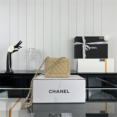 cha.nel S*per mini classic flap bag grained calfskin silver tone metal beige 01115