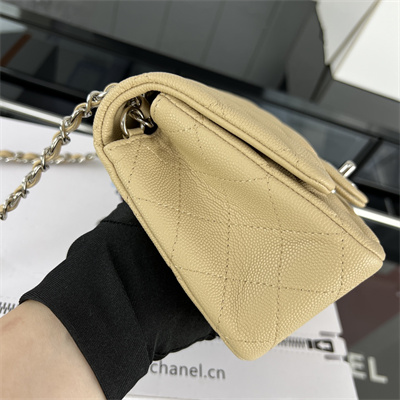 cha.nel S*per mini classic flap bag grained calfskin silver tone metal beige 01115