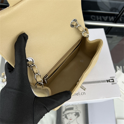 cha.nel S*per mini classic flap bag grained calfskin silver tone metal beige 01115