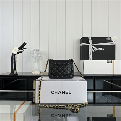 cha.nel S*per mini classic flap bag lambskin gold tone metal black 01115