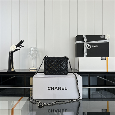 cha.nel S*per mini classic flap bag lambskin silver tone metal black 01115