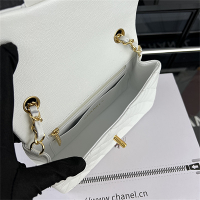 Cha.nel Mini Classic Flap Bag Grained Calfskin Gold Tone Metal White 01116