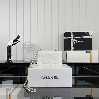 Cha.nel Mini Classic Flap Bag Grained Calfskin Silver Tone Metal White 01116