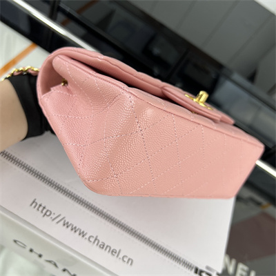 Cha.nel Mini Classic Flap Bag Grained Calfskin Gold Tone Metal Pink 01116