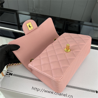 Cha.nel Mini Classic Flap Bag Grained Calfskin Gold Tone Metal Pink 01116