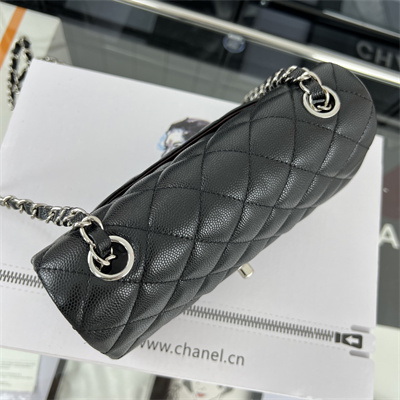 Cha.nel Mini Classic Flap Bag Grained Calfskin Silver Tone Metal Black 01116