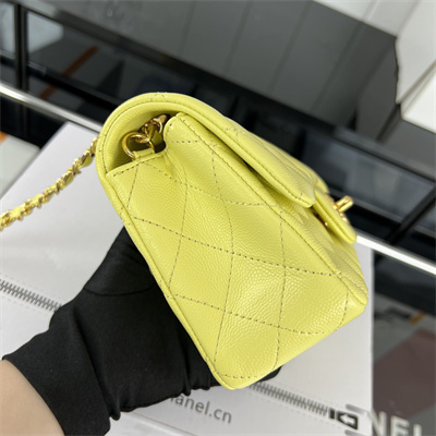 Cha.nel Mini Classic Flap Bag Grained Calfskin Gold Tone Metal Yellow 01116