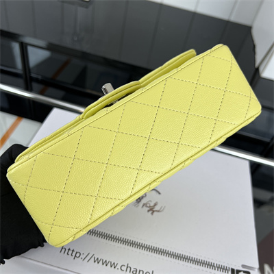 Cha.nel Mini Classic Flap Bag Grained Calfskin Silver Tone Metal Yellow 01116