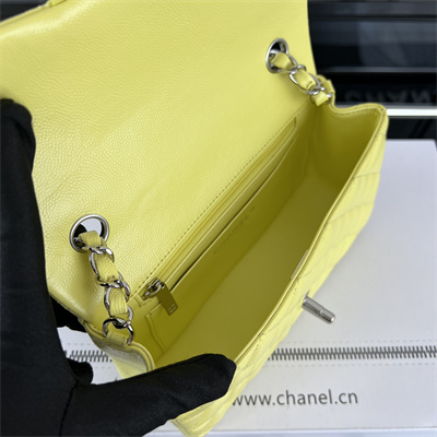 Cha.nel Mini Classic Flap Bag Grained Calfskin Silver Tone Metal Yellow 01116