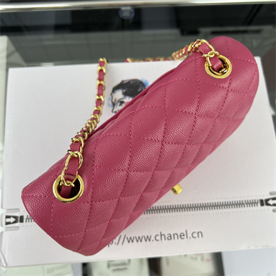 Cha.nel Mini Classic Flap Bag Grained Calfskin Gold Tone Metal Fuchsia 01116