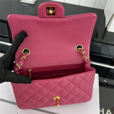 Cha.nel Mini Classic Flap Bag Grained Calfskin Gold Tone Metal Fuchsia 01116