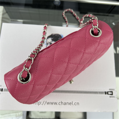 Cha.nel Mini Classic Flap Bag Grained Calfskin Silver Tone Metal Fuchsia 01116