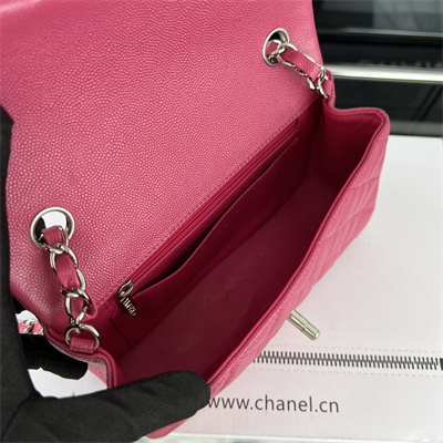 Cha.nel Mini Classic Flap Bag Grained Calfskin Silver Tone Metal Fuchsia 01116