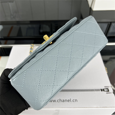 Cha.nel Mini Classic Flap Bag Grained Calfskin Gold Tone Metal Lt Blue 01116