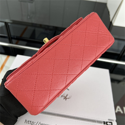 Cha.nel Mini Classic Flap Bag Grained Calfskin Gold Tone Metal Red 01116