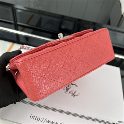 Cha.nel Mini Classic Flap Bag Grained Calfskin Silver Tone Metal Red 01116